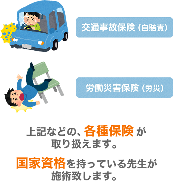 交通事故保険・労働災害保険 上記などの各種保険が取り扱えます。国家資格を持っている先生が施術致します。